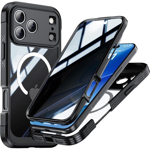 Magnetic Privacy for iPhone 17 Pro Case, Privacy Screen Protector, Military Grade Protection, Fit for MagSafe, Silicone Edge Double Sided Tempered Glass Shockproof Anti Peep Full Body Case