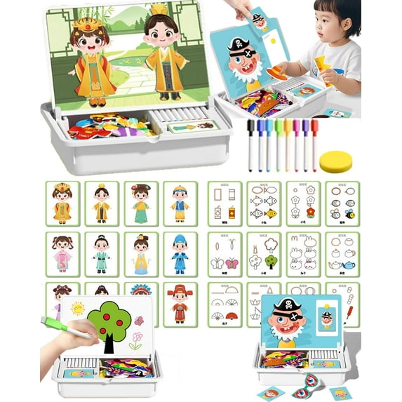Magnetic Puzzle Face Dress Up,Contains 6 Pattern Cards, 8 Water-Based Pens And A Drawing Board, Allowing You To Create As Much As You Like Reusable Double-Sided Educational Toy