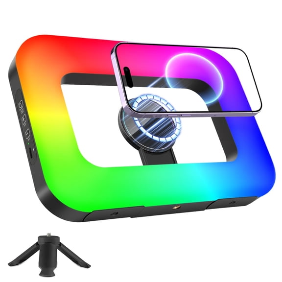 Magnetic RGB Selfie Ring Light for iPhone and Android (with Mini Tripod), Double-Sided Magnet Handheld Stabilizer LED Ring Light, Built-in Battery for YouTube, TikTok, Vlogging, Makeup