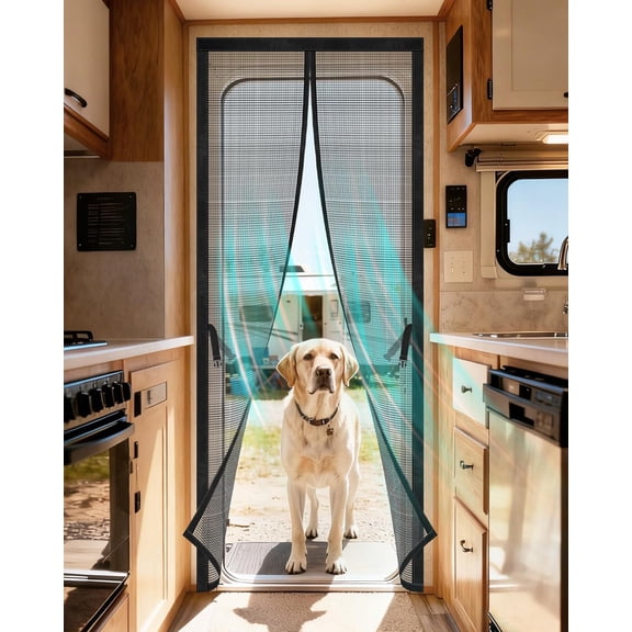 Magnetic RV Screen Door Curtain for Camper, Curtain Size 33'' x 75'', Travel Trailer, Fifth Wheel and Motorhome, Tear-Resistant Mesh Bug Screen, Self Closing Mosquito Net, Pet Friendly