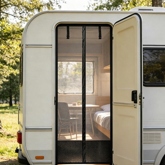Magnetic RV Screen Door Mesh with Built-in Hooks, Hands-Free Mosquito Net for Camper Doorway, Durable Fiberglass Bug Screen Compatible with Travel Trailer and Motorhome, Black Camping Accessory