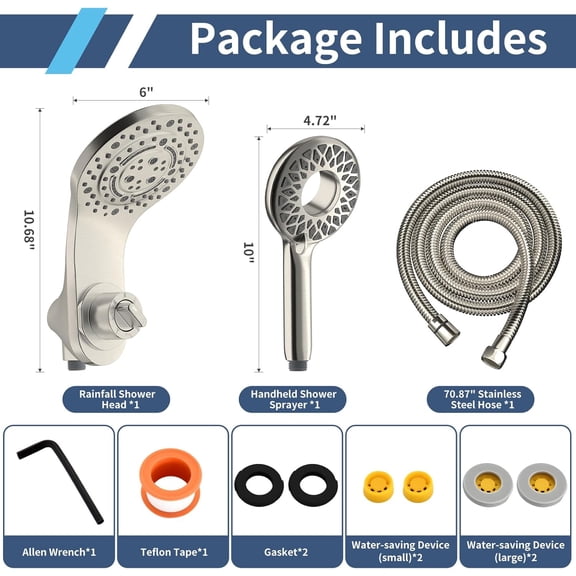 Magnetic Rain Shower Head with Handheld Spray Combo, High Pressure Magnetix Dual Shower Head with 9 Spray Modes, Bathroom Big Modern Waterfall Showerhead with 5 Settings (Brushed Nickel)