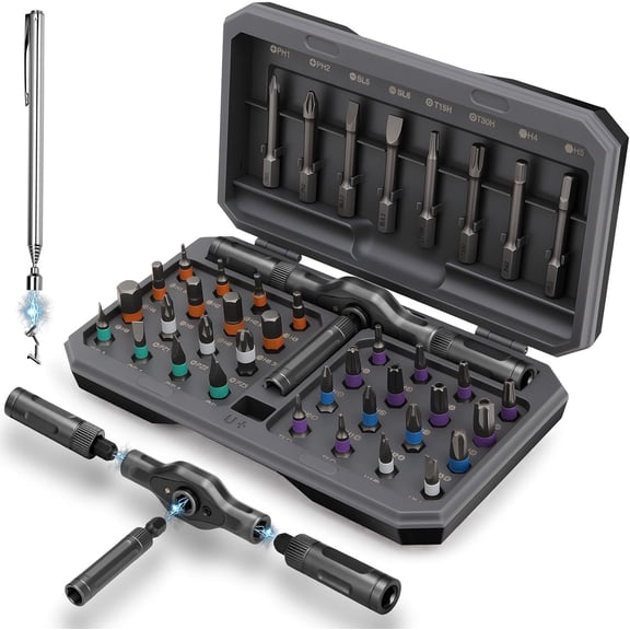 Magnetic Ratchet Screwdriver Set, 43 in 1 T Handle Ratchet Screwdriver Kits with S2 Steel Bits, Ratcheting Screwdriver for Home Daily Repair, DIY Projects, Ideal Gift for Men Husband