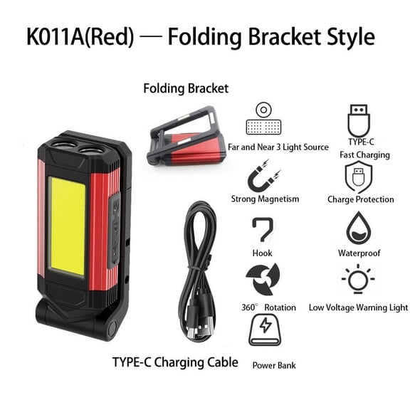 Magnetic Rechargeable Work Light, 400 Lumen COB LED Flashlight With 7 Modes, IPX6 Waterproof, 2000mAh Portable Camping Lantern, Power Bank Function For Car Repair, Emergency, Outdoor (Type-C)