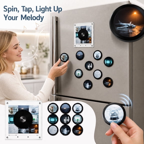 Magnetic Record Playe for Fridge Mini Vinyl Record Player Magnet,Magnetic Music Box 9 PCS Vintage Programmable Music Refrigerator Player Enabled, Smart Singing with LED Light