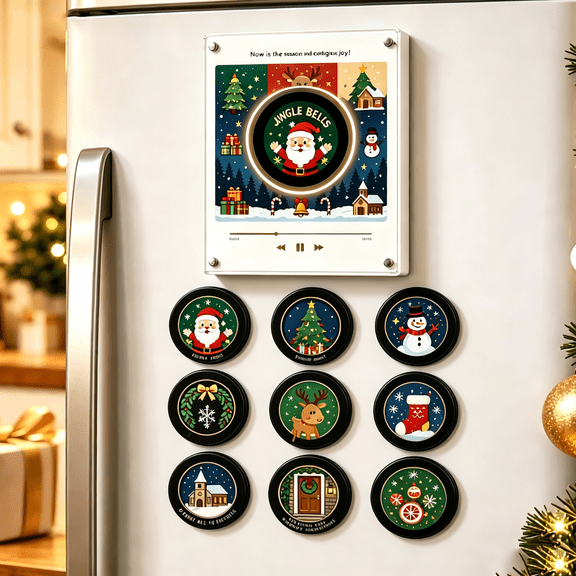 Magnetic Record Player for Fridge,Interactive Christmas Music Magnet Set, 9 Festive NFC Discs with Tap to Play Melodies and Soft Night Lamp,NFC Music Discs for Home Office