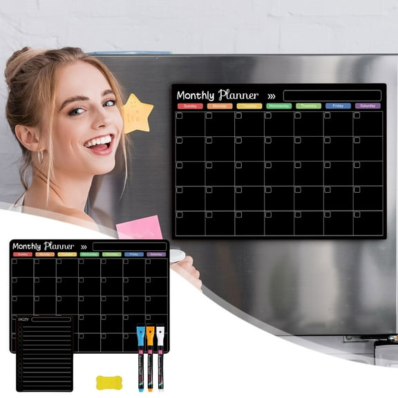 Magnetic Refrigerator Calendar, Dry Erase Monthly Planner Whiteboard with Markers and Eraser, Reusable Wall Sticker Message Board for Kitchen, Office, and Home Organization