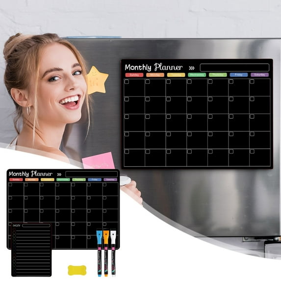 Magnetic Refrigerator Calendar, Dry Erase Monthly Planner Whiteboard with Markers and Eraser, Reusable Wall Sticker Message Board for Kitchen, Office, and Home Organization