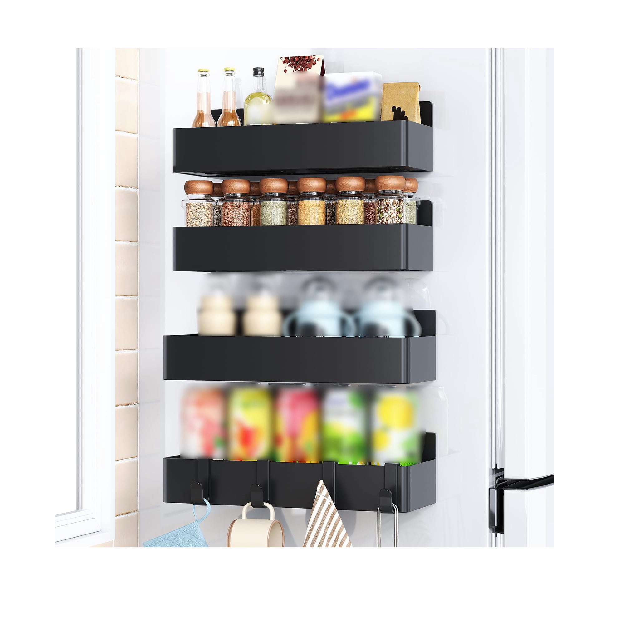 Magnetic Refrigerator Spi Rack, Kitchen Storage Organizer for Spi Bottles, Compact Fridge Door Shelf, 4 Tier Black Rack Set