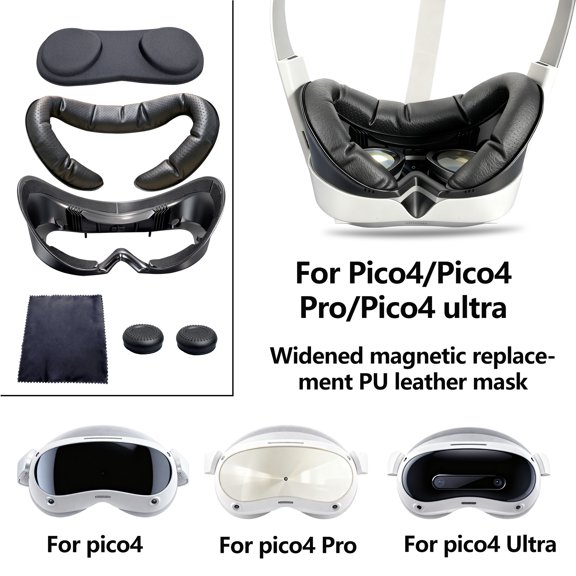Magnetic Replacement Mount Bundle for PICO4 / PICO4 Pro / PICO4 Ultra, Breathable PU Face Pad, Lens Dust Cover, Anti-Scratch Silicone Joystick Caps for VR Headset