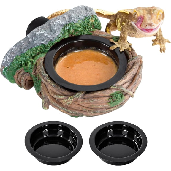 Magnetic Reptile Feeding Ledge, Gecko Feeder Ledge with Cups, Hollow Vine Food Dish, Reptile Water Bowl for Bearded Dragon Lizard Snake, Terrarium Tank Accessories