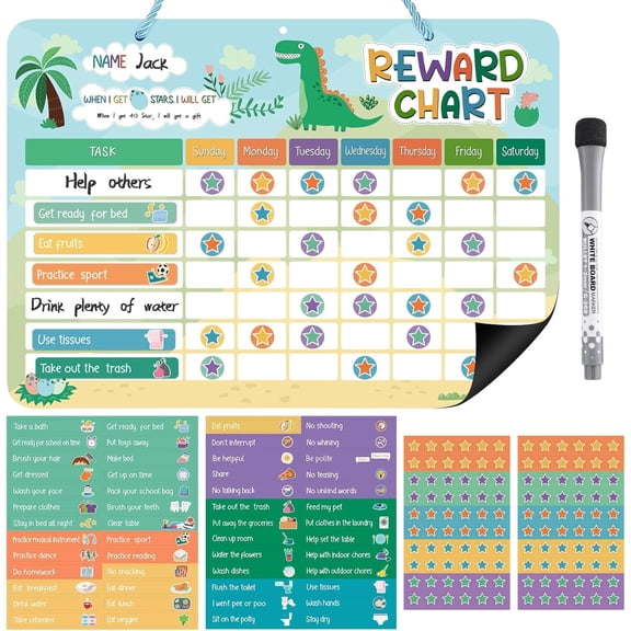 Magnetic Reward Chart for Kids Dinosaur Chore Board Reusable Behavior Chart with Stars Task Magnets Dry Erase Marker for Toddlers Potty Training Daily Routine Responsibility Fridge Wall Home