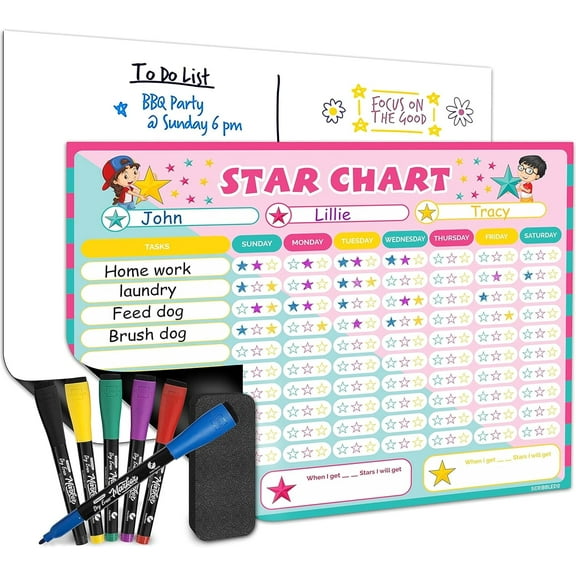 Magnetic Reward Chart for Kids Dry Erase 13” X 17” Multiple Kids Refrigerator Star Behavior Chore Chart for Kids at Home - Magnetic Whiteboard for Fridge - 6 Dry Erase Markers Included