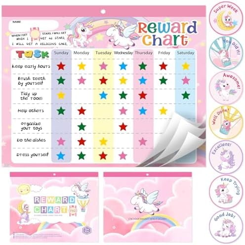 Magnetic Reward Chart for Kids at Home, Behavior Chart Pad with 26 Chore Charts, 1680 Star Stickers, 84 Motivational Stickers to Develop Responsibility & Good Habits (Unicorn)