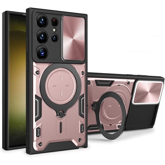 Magnetic Ring Bracket Sliding Window Phone Case for Samsung Galaxy A04S A14 A24 A34 A54 5G 4G, Lens Protection Shell, Shockproof Stand Back Cover Pink