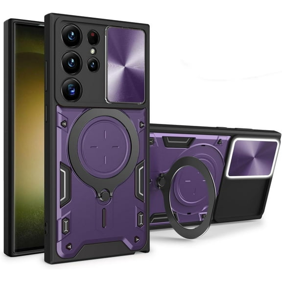Magnetic Ring Bracket Sliding Window Phone Case for Samsung Galaxy A04S A14 A24 A34 A54 5G 4G, Lens Protection  Shell, Shockproof Stand Back Cover Purple