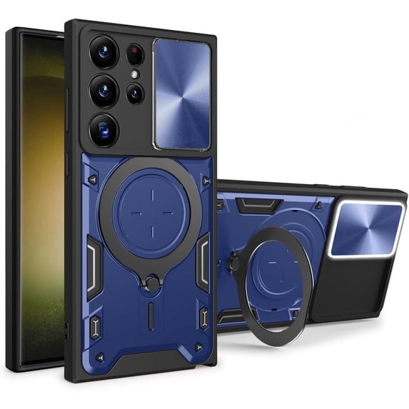 Magnetic Ring Bracket Sliding Window Phone Case for Samsung Galaxy S23 S24 / Ultra/Plus/FE, Lens Protection Shell, Shockproof Stand Back Cover