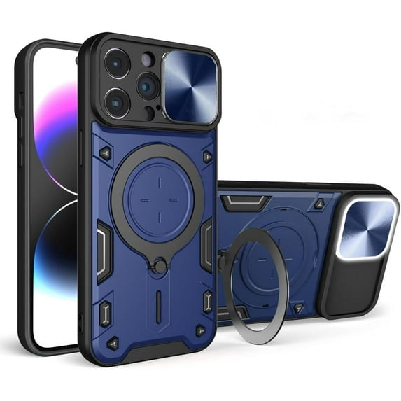 Magnetic Ring Bracket Sliding Window Phone Case for iPhone 11 / Pro/Pro Max X XS XR, Lens Protection Shell, Shockproof Stand Back Cover Blue