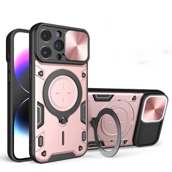 Magnetic Ring Bracket Sliding Window Phone Case for iPhone 12 13 / Pro/Pro Max, Lens Protection Shell, Shockproof Stand Back Cover Pink