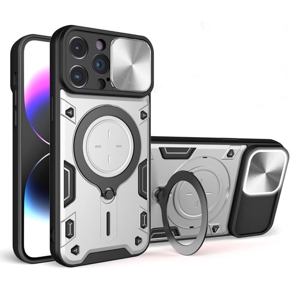 Magnetic Ring Bracket Sliding Window Phone Case for iPhone 12 13 / Pro/Pro Max, Lens Protection Shell, Shockproof Stand Back Cover Silver