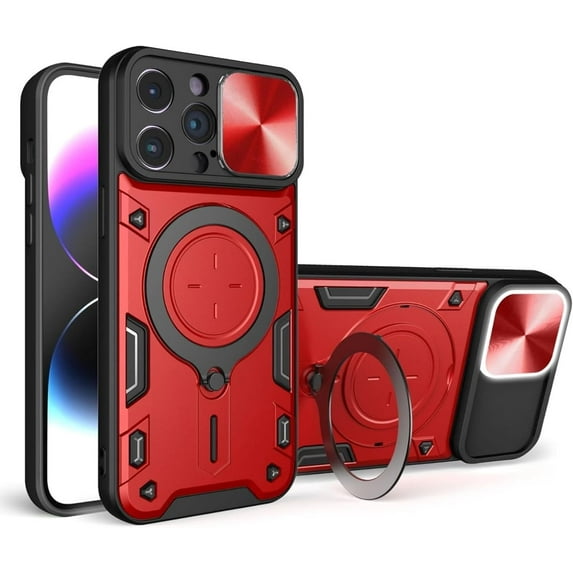 Magnetic Ring Bracket Sliding Window Phone Case for iPhone 14 15 / Pro/Plus/Pro Max, Lens Protection Shell, Shockproof Stand Back Cover Red
