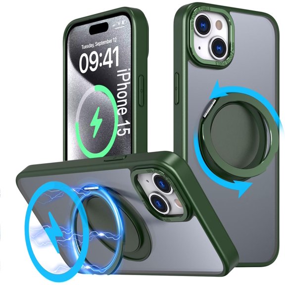 Magnetic Ring Case for iPhone 15,Compatible with MagSafe with 360° Ring Stand Shockproof Protection Cover Case for iPhone 15 Green