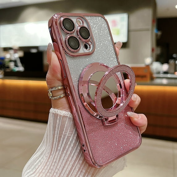 Magnetic Ring Case for iPhone 12 Pro Case Kickstand Ring Holder Glitter Mirror Compatible with MagSafe Built-in Camera Lens Protector Shockproof Phone Case for iPhone 12 Pro 6.1", Pink