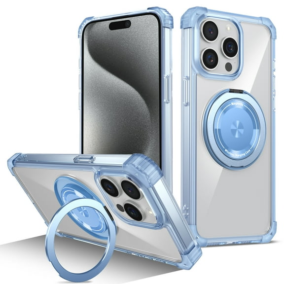 Magnetic Ring Case for iPhone 14, Built-in Metal Stand and 360° Rotation Ring Holder Compatible with MagSafe, Crystal Clear Military Grade Drop Protection Cover for iPhone 14, Blue