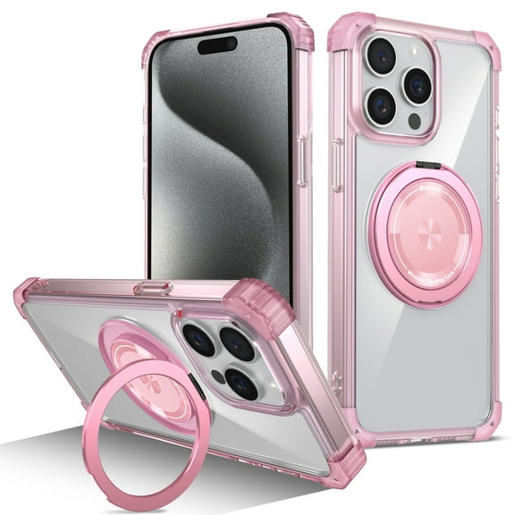 Magnetic Ring Case for iPhone 16 Pro Max, Built-in Metal Stand and 360° Rotation Ring Holder Compatible with MagSafe, Crystal Clear Military Grade Drop Protection Cover for iPhone 16 Pro Max, Pink