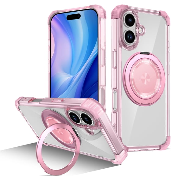 Magnetic Ring Case for iPhone 17, Built-in Metal Stand 360 Rotation Ring Holder Compatible with MagSafe, Crystal Clear Military Grade Heavy Duty Drop Protection Cover, Pink