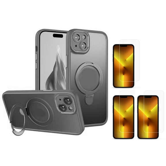 Magnetic Ring Stand Case + 3-Pack Tempered Glass Screen Protector for iPhone 16e / 13 / 14 – Slim Shock-Resistant Cover & Screen Guard Bundle – Wireless Charging-Friendly