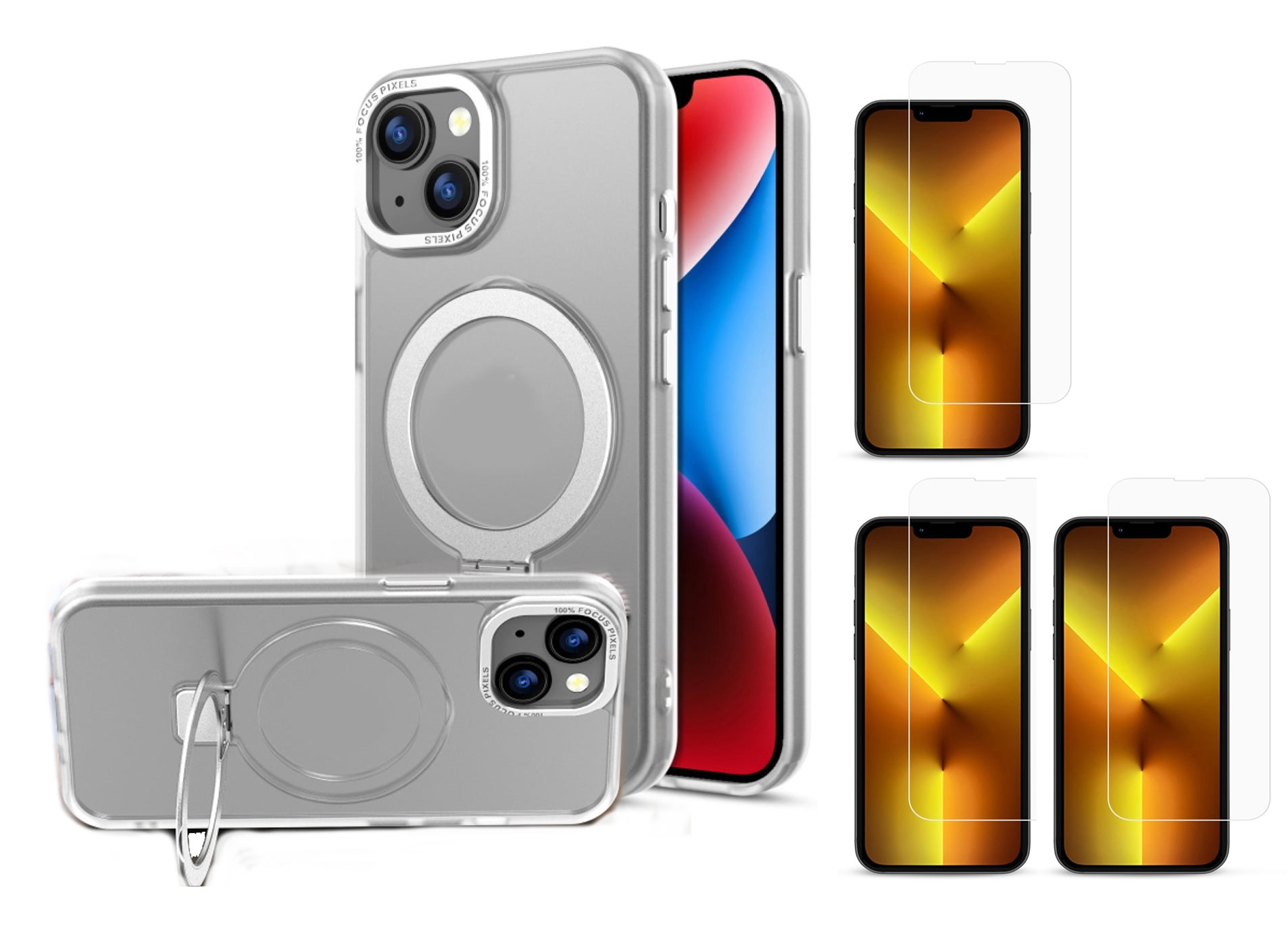 Magnetic Ring Stand Case + 3-Pack Tempered Glass Screen Protector for iPhone 16e / 13 / 14 – Slim Shock-Resistant Cover & Screen Guard Bundle – Wireless Charging-Friendly
