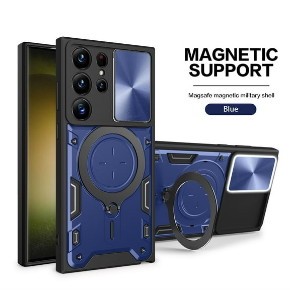 Magnetic Ring Stand Case for Samsung Galaxy S21 Case with Camera Lens Sliding Cover, Compatible with Car Mount Holder, Hybrid Rugged Military Grade Shockproof Lens Protection Case, Blue