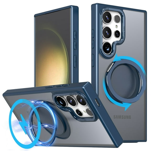 Magnetic Ring Stand Case for Samsung Galaxy S24 Ultra [Compatible with MagSafe] with Rotatable Ring Holder, Mechanical Structure Military Drop Protection Shockproof Translucent Phone Cover, Blue