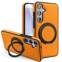 Magnetic Ring Stand Case for Samsung Galaxy S25 FE, with 360°Rotatable Ring Holder, Compatible with Mag-Safe, Business PU Leather Slim Shockproof Cover for Samsung Galaxy S25 FE, Orange