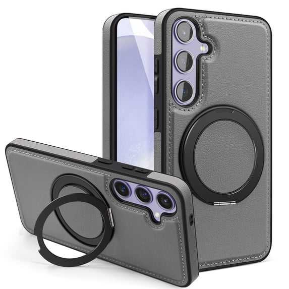 Magnetic Ring Stand Case for Samsung Galaxy S25 Plus, with 360°Rotatable Ring Holder, Compatible with Mag-Safe, Business PU Leather Slim Shockproof Cover for Samsung Galaxy S25 Plus, Gray