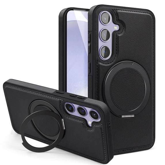 Magnetic Ring Stand Case for Samsung Galaxy S25 Plus, with 360°Rotatable Ring Holder, Compatible with Mag-Safe, Business PU Leather Slim Shockproof Cover for Samsung Galaxy S25 Plus, Black