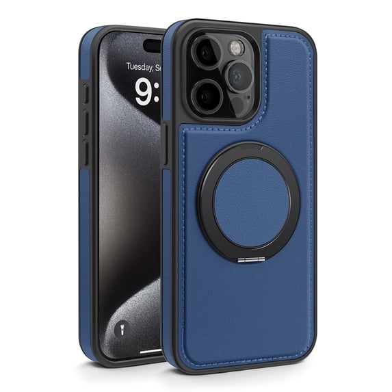 Magnetic Ring Stand Case for iPhone 12 Pro Max, with 360°Rotatable Ring Holder, Compatible with MagSafe Chagring, Business PU Leather Slim Shockproof Cover for iPhone 12 Pro Max, Blue