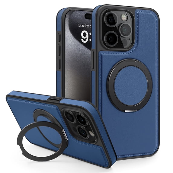 Magnetic Ring Stand Case for iPhone 13 Pro Max, with 360°Rotatable Ring Holder, Compatible with MagSafe Chagring, Business PU Leather Slim Shockproof Cover for iPhone 13 Pro Max, Blue