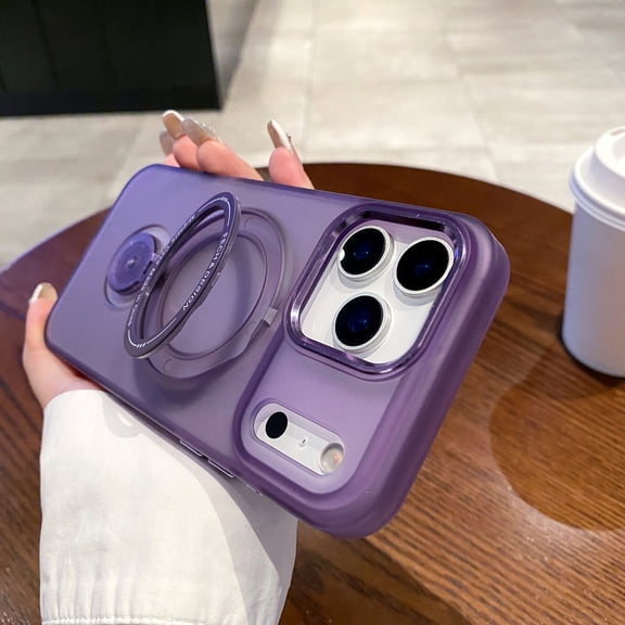 Magnetic Ring Stand Case for iPhone 15 Pro, 360° Rotatable Holder, Matte Translucent PC Back, Slim Shockproof Protective Cover, Anti-Scratch Lightweight Phone Case for Women Men, Purple