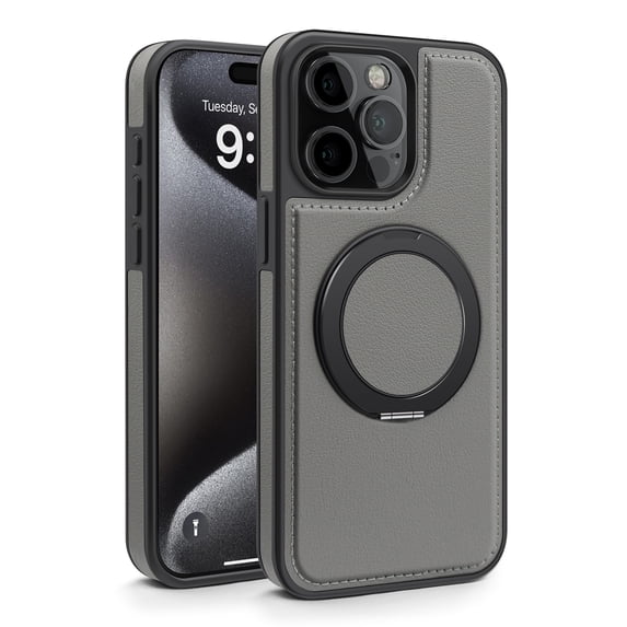 Magnetic Ring Stand Case for iPhone 16 Pro, with 360°Rotatable Ring Holder, Compatible with Mag-Safe Chagring, Business PU Leather Slim Shockproof Cover for iPhone 16 Pro, Gray