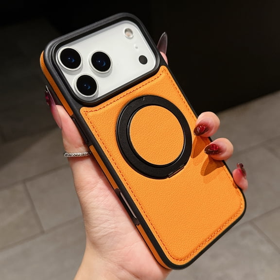 Magnetic Ring Stand Case for iPhone 17 Pro, with 360°Rotatable Ring Holder, Compatible with Mag-Safe Chagring, Business PU Leather Slim Shockproof Cover for iPhone 17 Pro, Orange