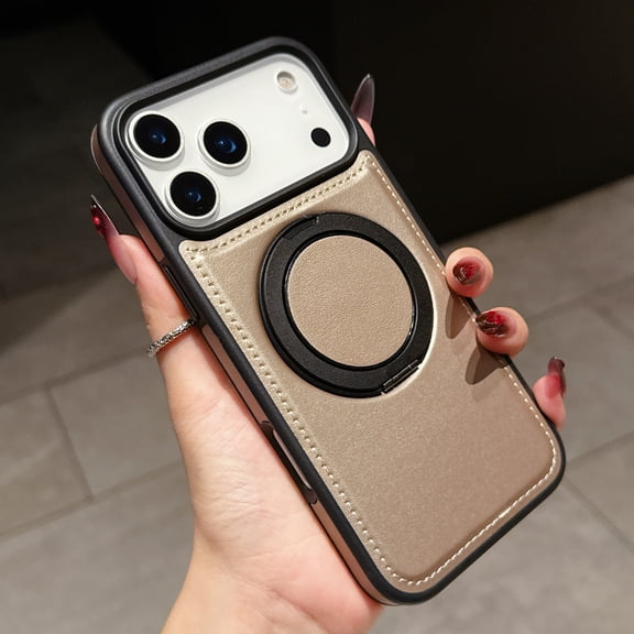 Magnetic Ring Stand Case for iPhone 17 Pro, with 360°Rotatable Ring Holder, Compatible with Mag-Safe Chagring, Business PU Leather Slim Shockproof Cover for iPhone 17 Pro, Desertgold