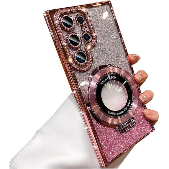 Magnetic Ring Stand Glitter Case for Samsung Galaxy S24 Ultra, (Compatible with Magsafe) Luxury Bling Diamond Rhinestones Cover with Camera Lens Protector for Girls Women,Pink