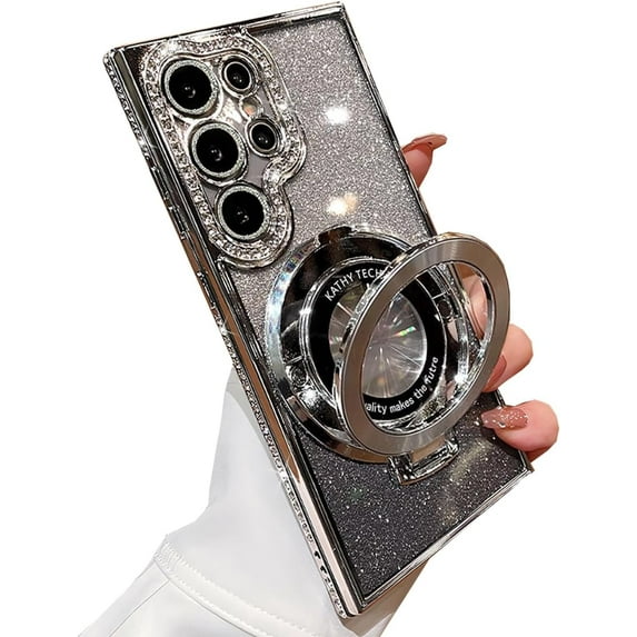 Magnetic Ring Stand Glitter Case for Samsung Galaxy S24 Ultra, (Compatible with Magsafe) Luxury Bling Diamond Rhinestones Cover with Camera Lens Protector for Girls Women,Silver