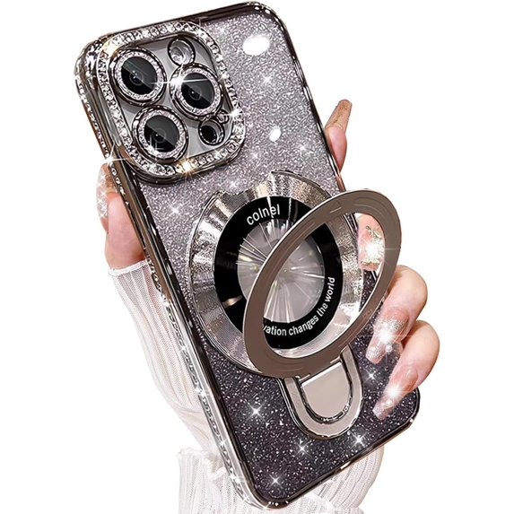 Magnetic Ring Stand Glitter Case for iPhone 16 Pro Max, (Compatible with Magsafe) Women Girly Luxury Bling Diamond Rhinestones Cover with Camera Lens Protector for iPhone 16 Pro Max (Silver)