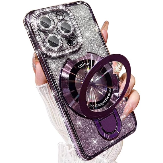 Magnetic Ring Stand Glitter Case for iPhone 16 Pro Max, (Compatible with Magsafe) Women Girly Luxury Bling Diamond Rhinestones Cover with Camera Lens Protector for iPhone 16 Pro Max (Purple)