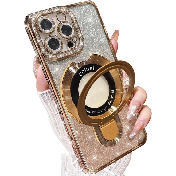 Magnetic Ring Stand Glitter Case for iPhone 16 Pro Max, (Compatible with Magsafe) Women Girly Luxury Bling Diamond Rhinestones Cover with Camera Lens Protector for iPhone 16 Pro Max (Gold)