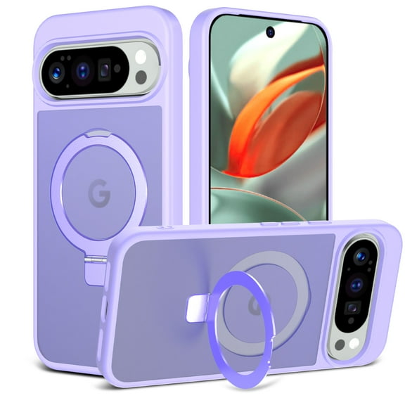 Magnetic Ring Stand for Google Pixel 9 / 9 Pro Case, Military Drop Protection, Compatible with MagSafe, Luxury Anti-Scratch Matte Translucent Shockproof Case for Google Pixel 9 / 9 Pro, Lightpurple