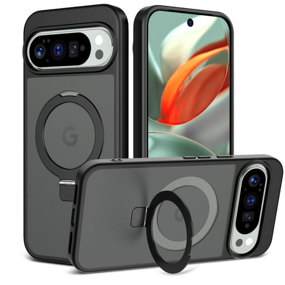Magnetic Ring Stand for Google Pixel 9 Pro XL Case, Military Drop Protection, Compatible with MagSafe, Luxury Anti-Scratch Matte Translucent Shockproof Case for Google Pixel 9 Pro XL, Black